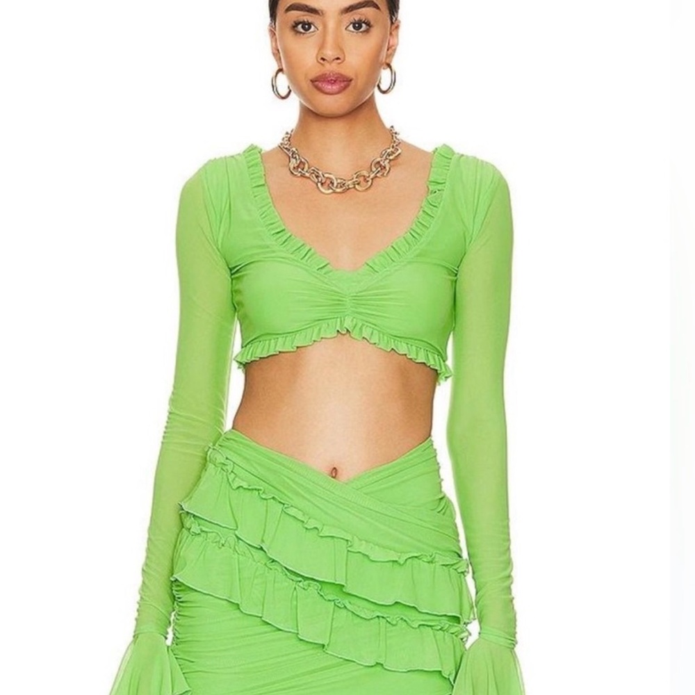 Neon Green Ruffle Crop Top and Skirt Set